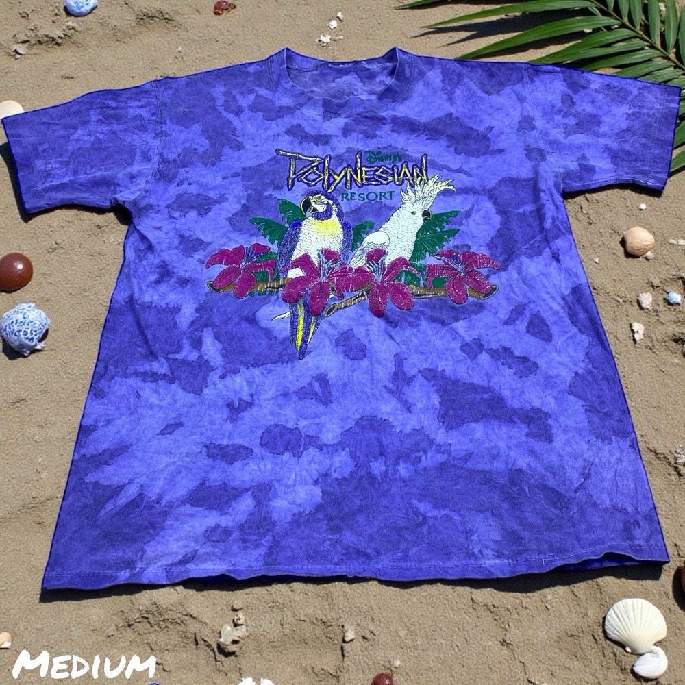 VTG 90s Disney Polynesian Resort T-shirt Mens MED‎ Parrot Birds Purple Tie Dye